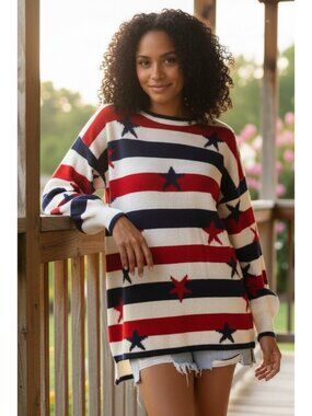 Oversized Stars and Stripes High-Low Long Sleeve Knit American Pullover Sweater
